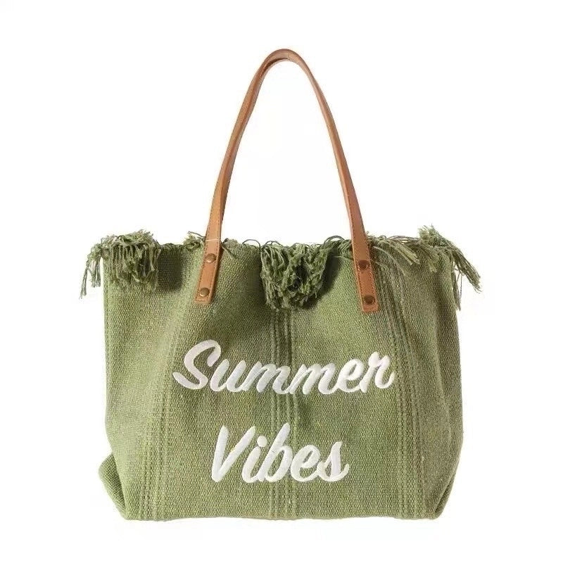Women's Large Canvas Letter Solid Color Streetwear Square Magnetic Buckle Shoulder Bag Canvas Bag Tote Bag