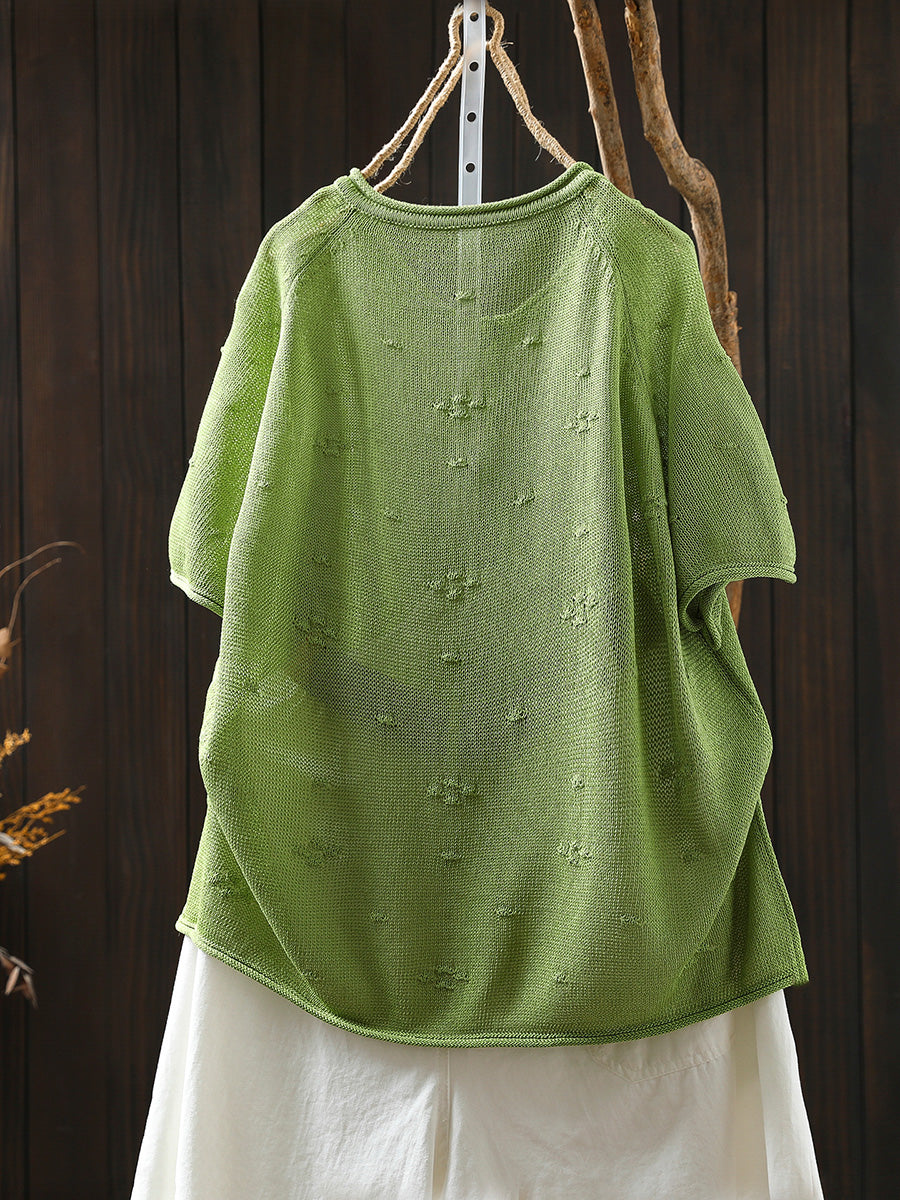 Women Summer Casual Jacquard Knitted O-Neck Shirt