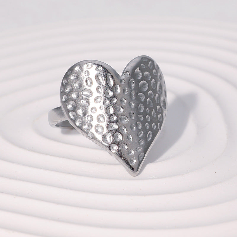 Fashion Hammer Pattern Heart-Shaped Index Finger Ring Personality Niche Cute Sweet Simple Stainless Steel Ring