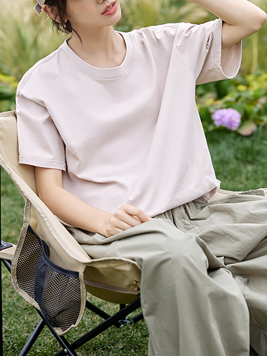 Women Summer Pure Color Cotton Linen Spliced Shirt