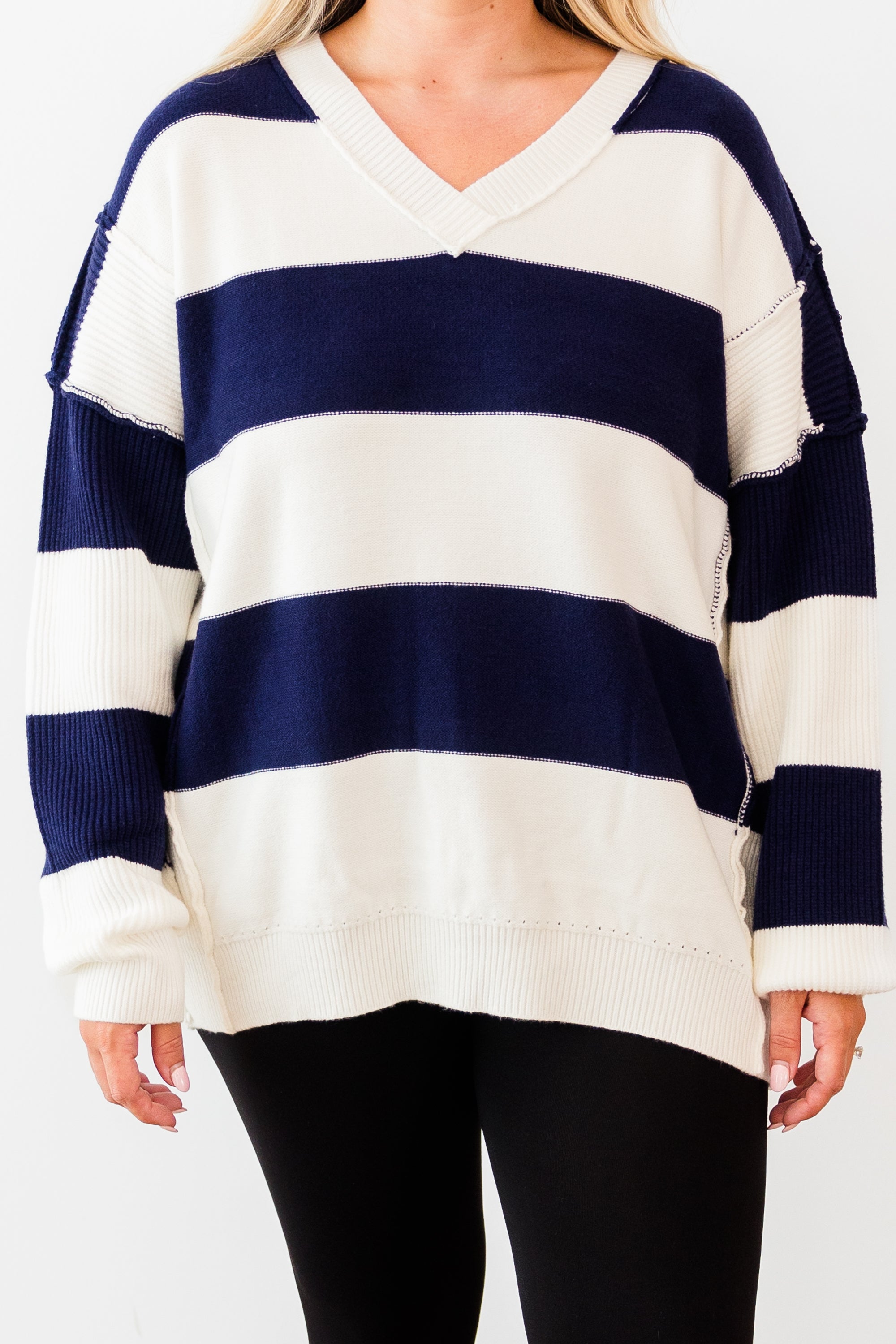 Lineage Cozy Striped Sweater. Navy-Ivory