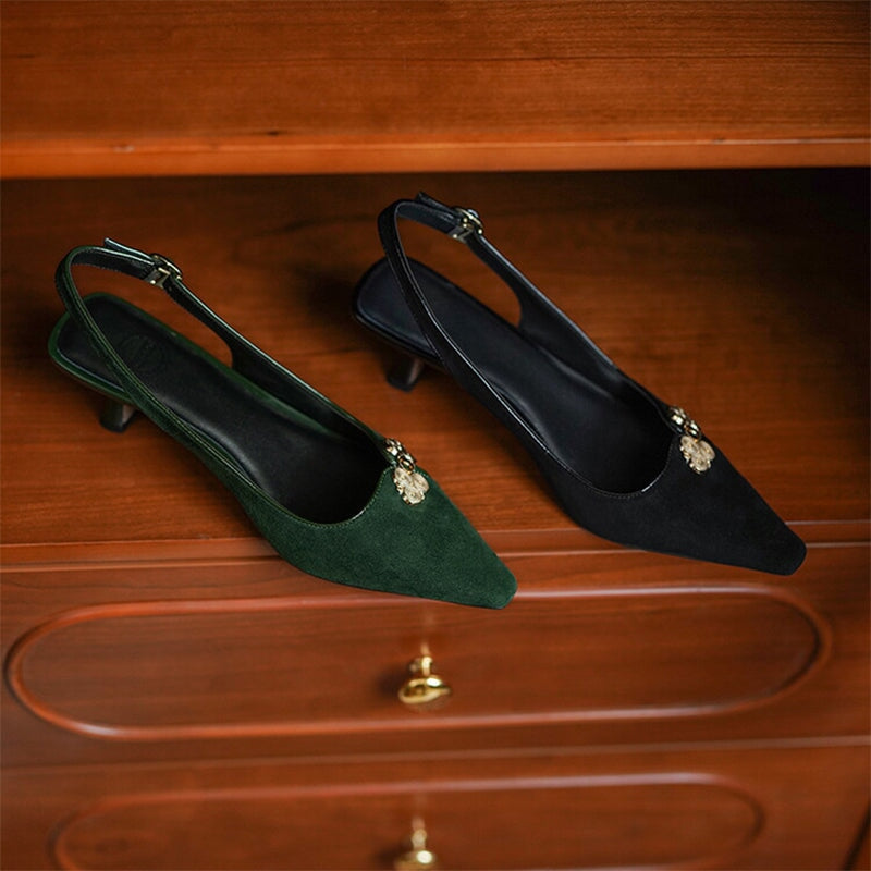 Point Toe Genuine Leather Slingback Kitty Heel Sandals in Black/Green