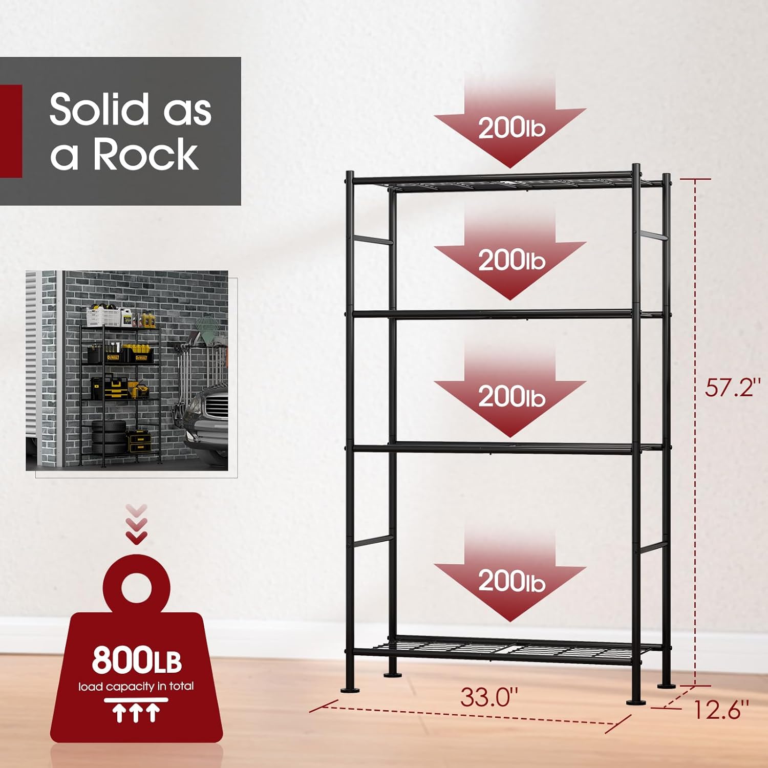 Storage Shelves - 5 Tier Shelf Organizer, Heavy Duty Garage Shelving Unit with Leveling Feet, Stable Metal Shelves Organizer for Pantry, Kitchen and Closet, 33.0