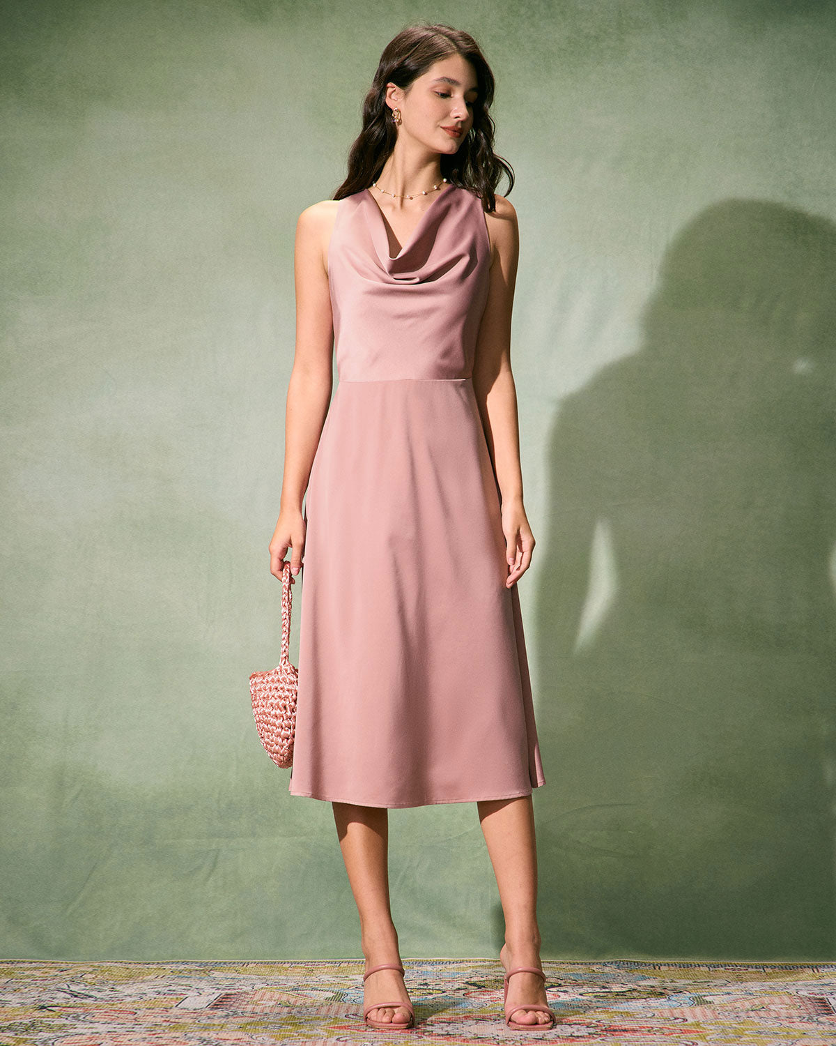 The Pink Cowl Neck Sleeveless Satin Midi Dress