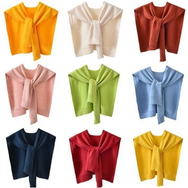 Cored Yarn Knitted Shawl Women's Spring And Autumn Outer Waistcoat Color Shoulder Thin Cardigan Summer Knotted Fake Collar Scarf