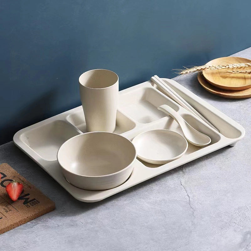 Creative Wheat Straw Dinner Plate Set Household Adult And Student's Split Fast Food Plate Thickened Canteen Rice Plate Bowl Cup And Saucer