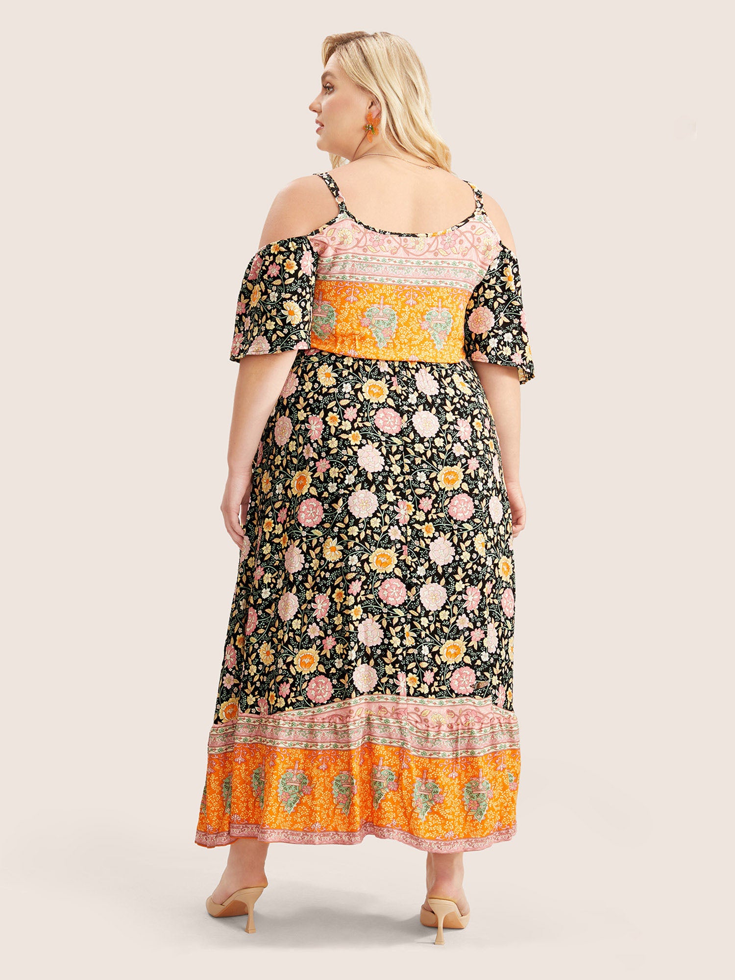 Floral Print Pocket Keyhole Ruffles Cold Shoulder Maxi Dress