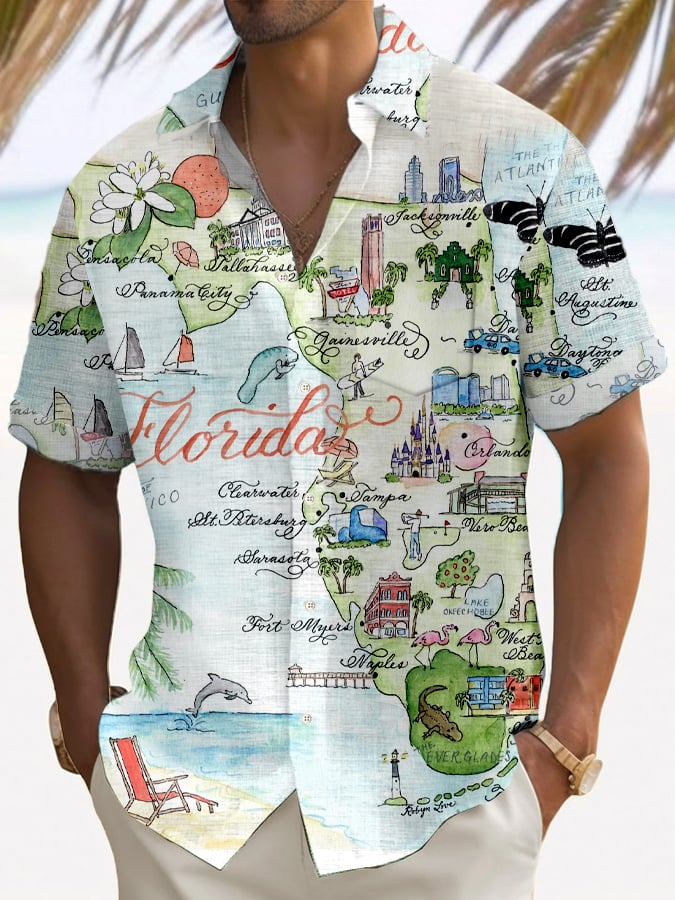 Men's Tropical Florida Watercolor Design Short Sleeve Pockets Shirt