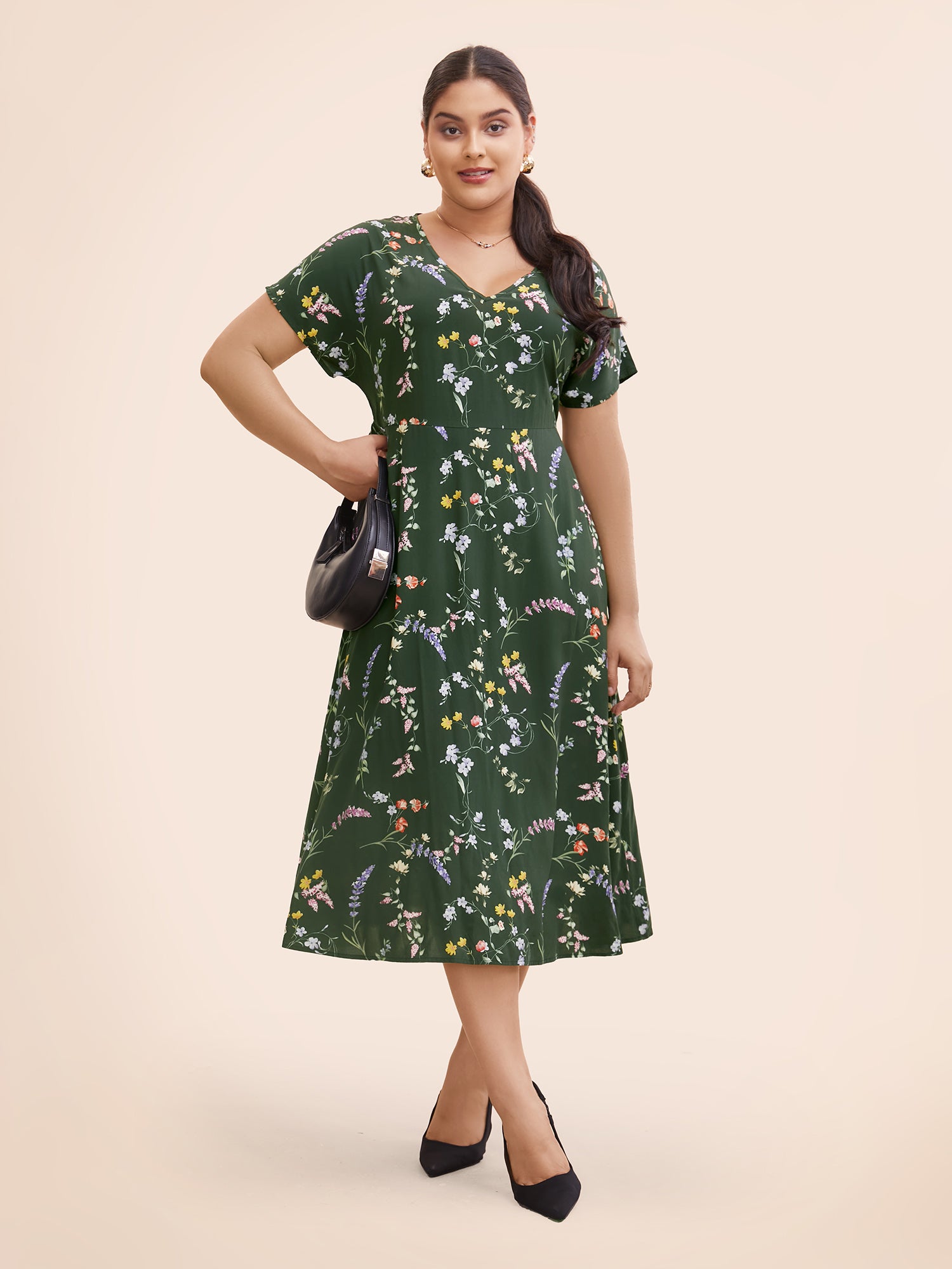 Floral V Neck Dolman Sleeve Midi Dress