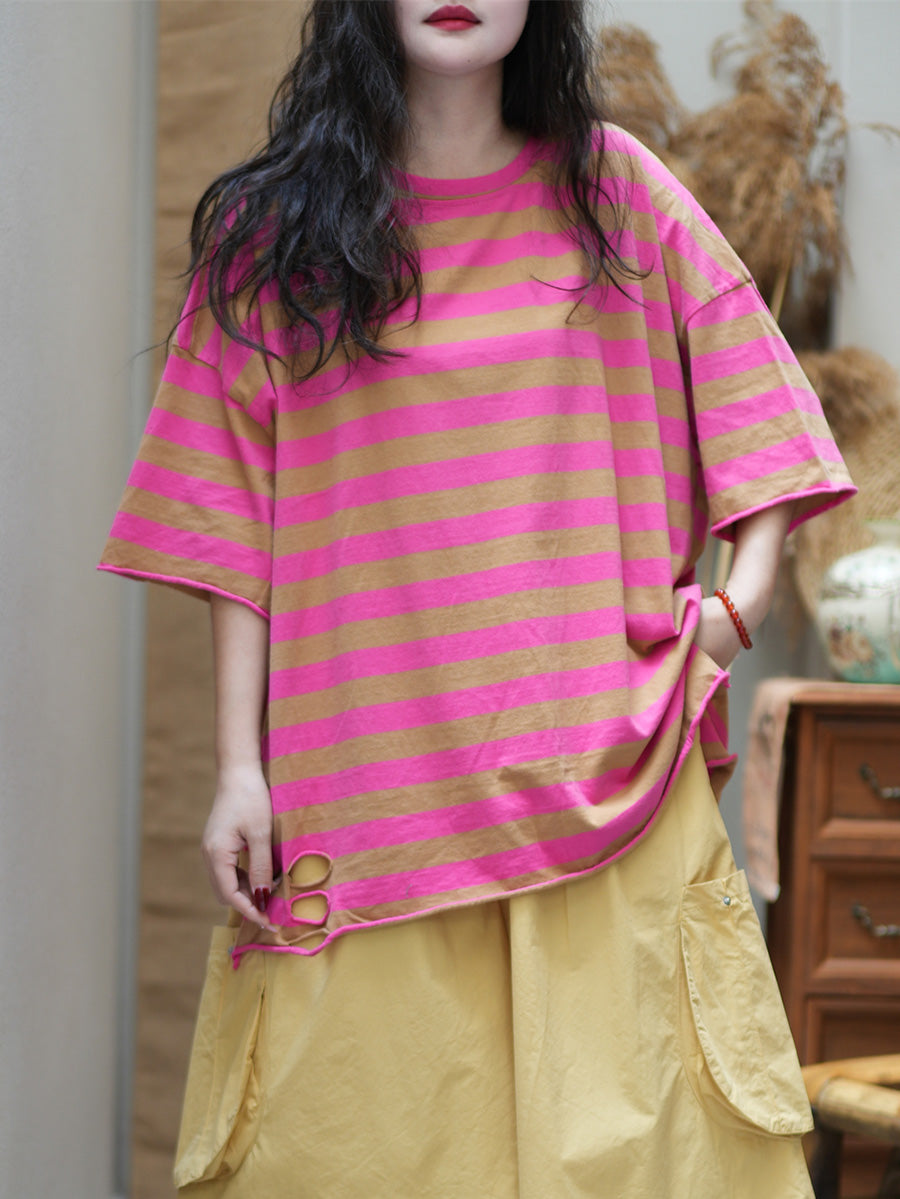 Women Summer Casual Stripe Cotton O-Neck Shirt