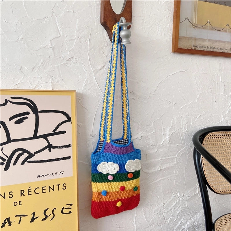 Women's Medium Fabric Clouds Rainbow Stripe Cute Square Open Shoulder Bag