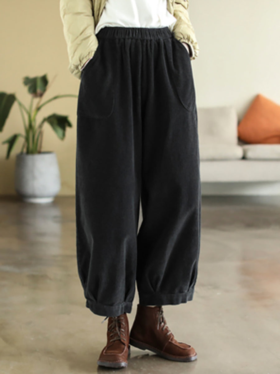 Plus Size Women Vintage Corduroy Pure Color Loose Harem Pants