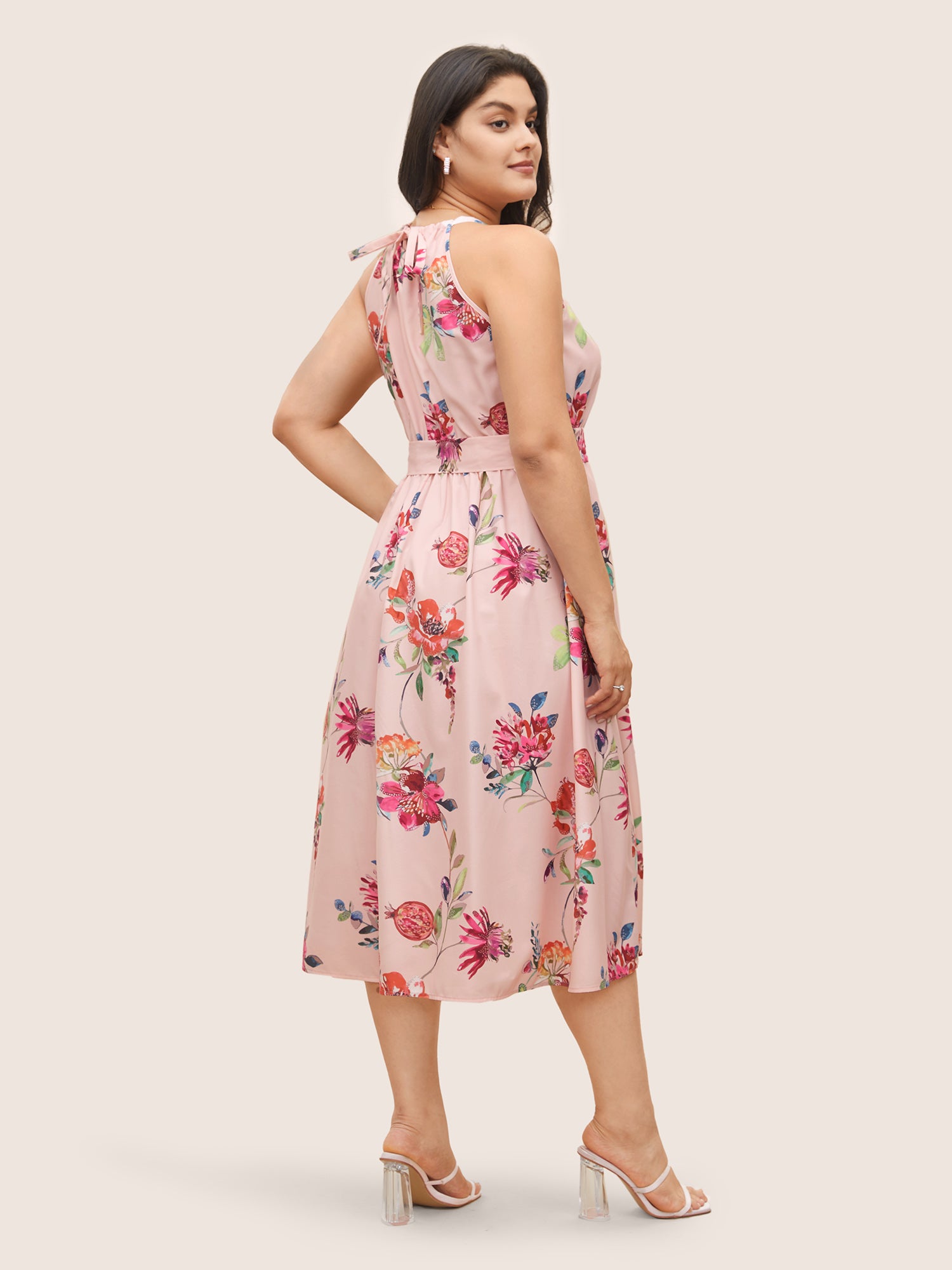 Citrus Fruit Print Halter Belted Gathered Dress