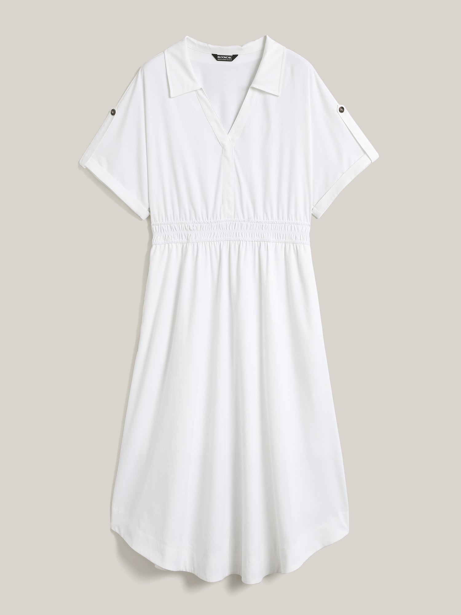 Woven Shirred Waist Solid Collar Midi Dress