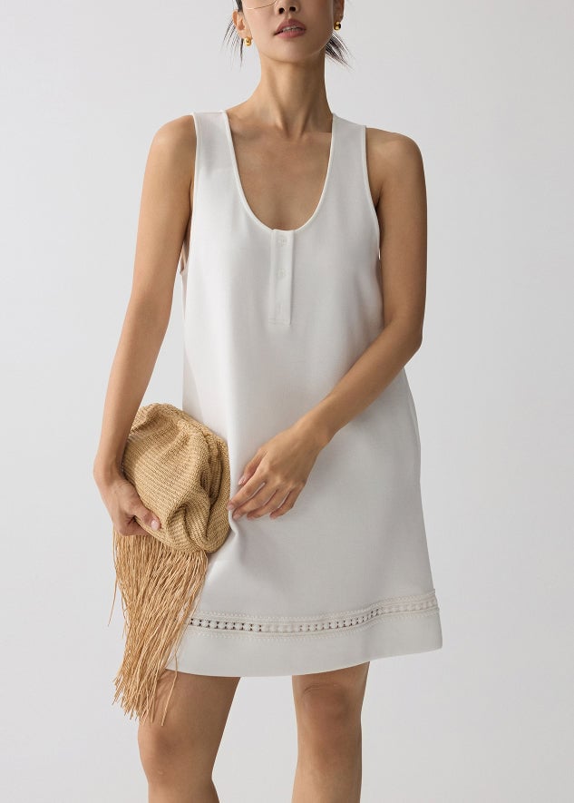 Women White U Neck Hollow Out Cotton Mini Dress Summer
