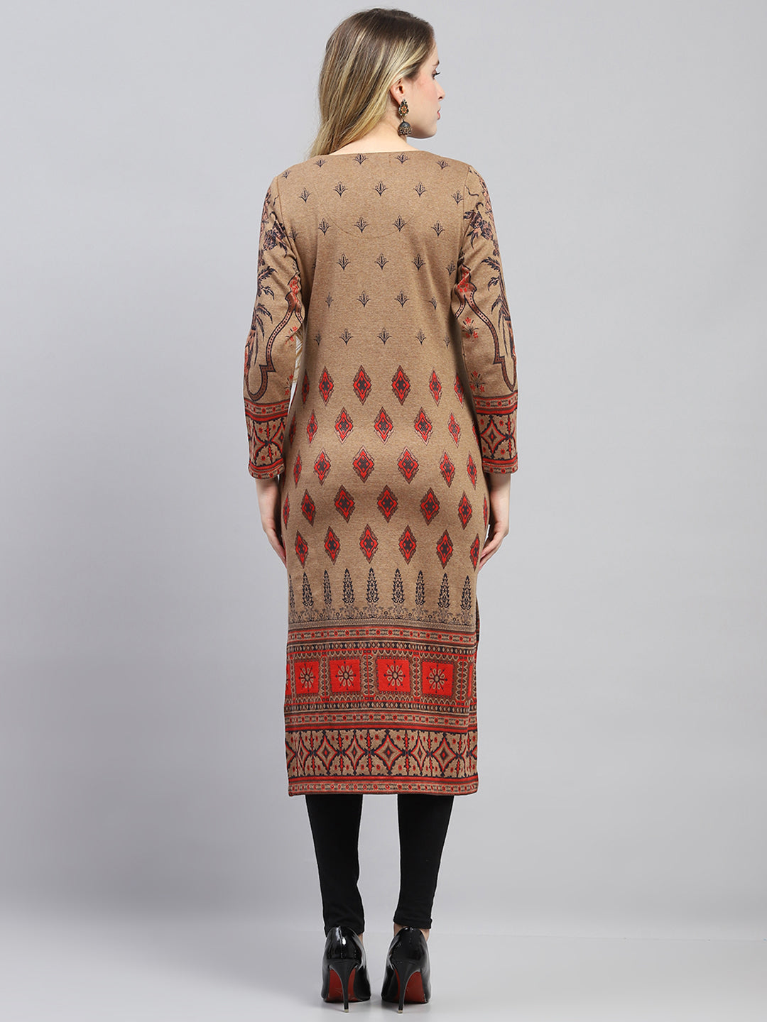 Women Brown Woven Design Round Neck Full Sleeve Winter Kurti