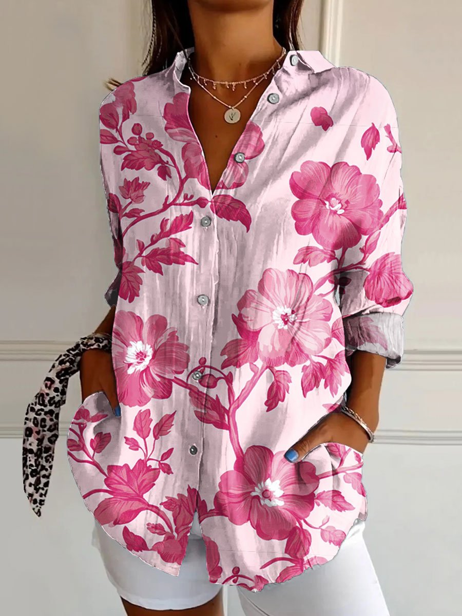 Women's Breast Cancer Awareness Print Casual Cotton Shirt