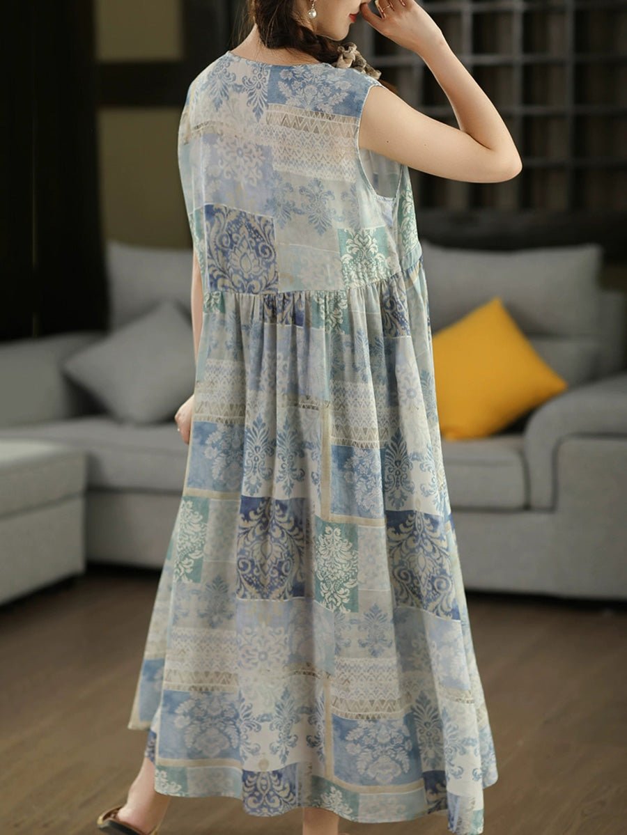 Women Summer Vintage Rhomboids O-Neck Ramie Vest Dress