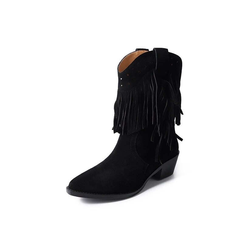 Western Point Toe Cowgirl Boots With Tassels Handmade Boots in Black/Brown/Coffee