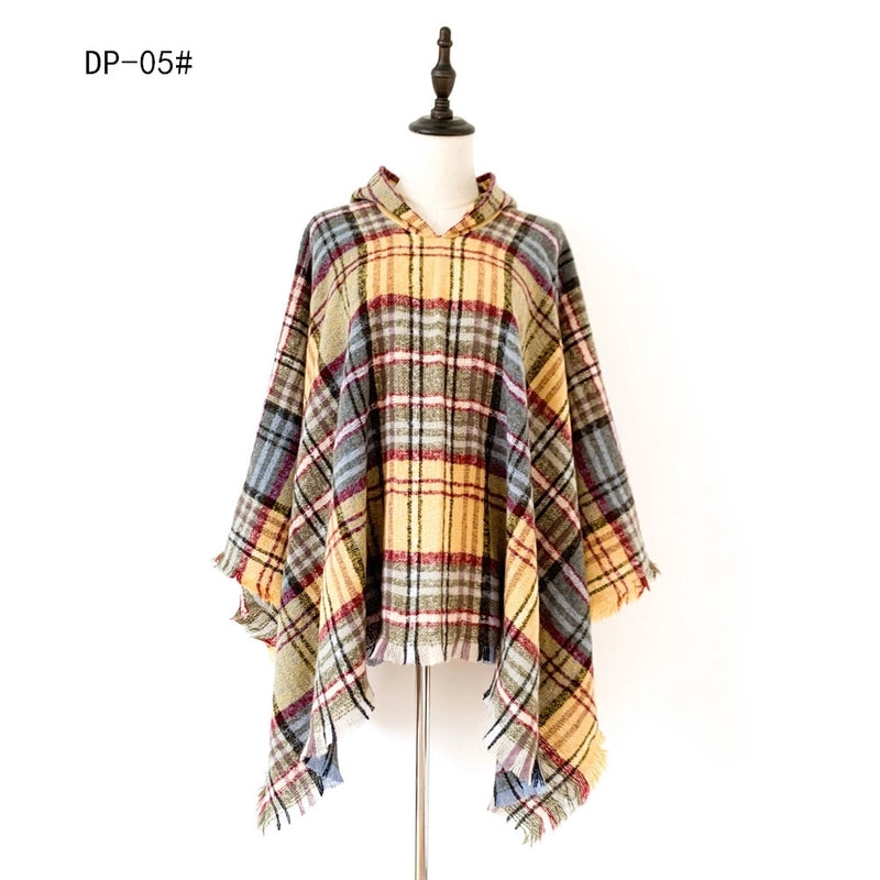 Direct New Cape Europe And The United States Spring And Autumn And Winter New Barbed Wool Pullover Plaid Hat Cape Shawl