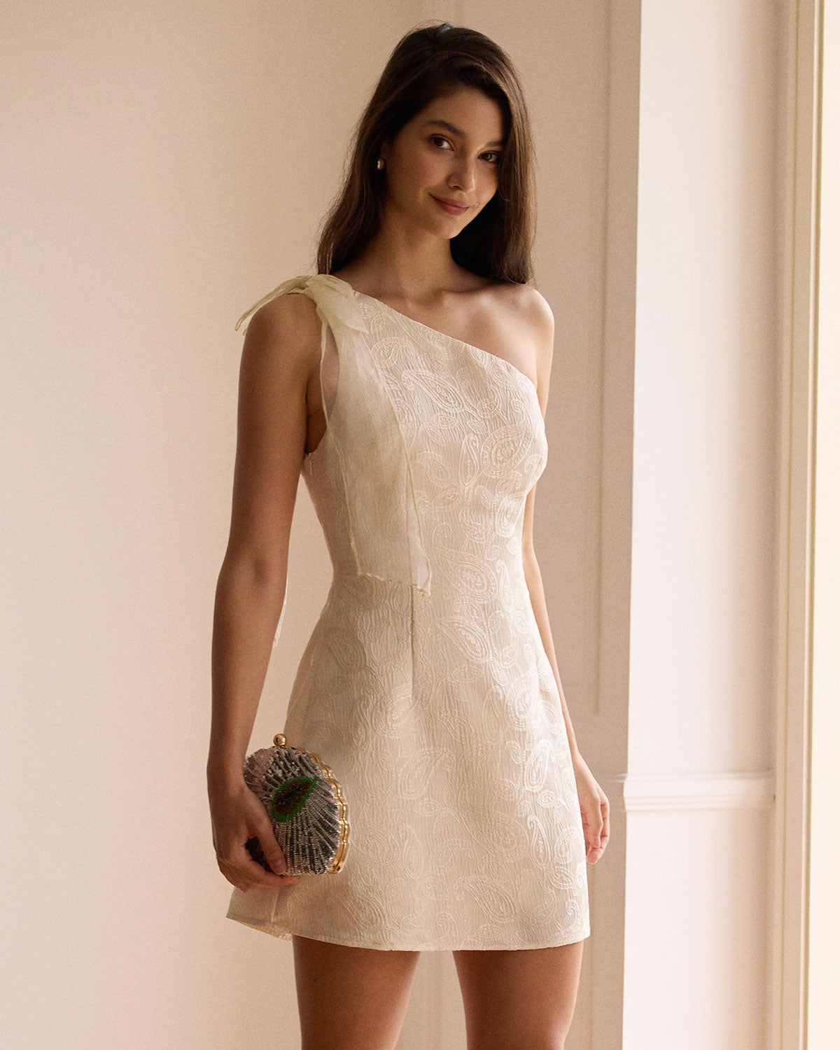 The Beige One-Shoulder Jacquard Mini Dress