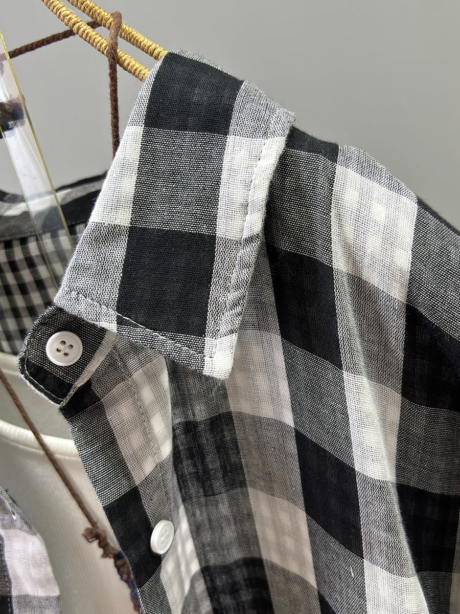 Women Summer Casual 100%Cotton Plaid Turn-down Collar Shirt