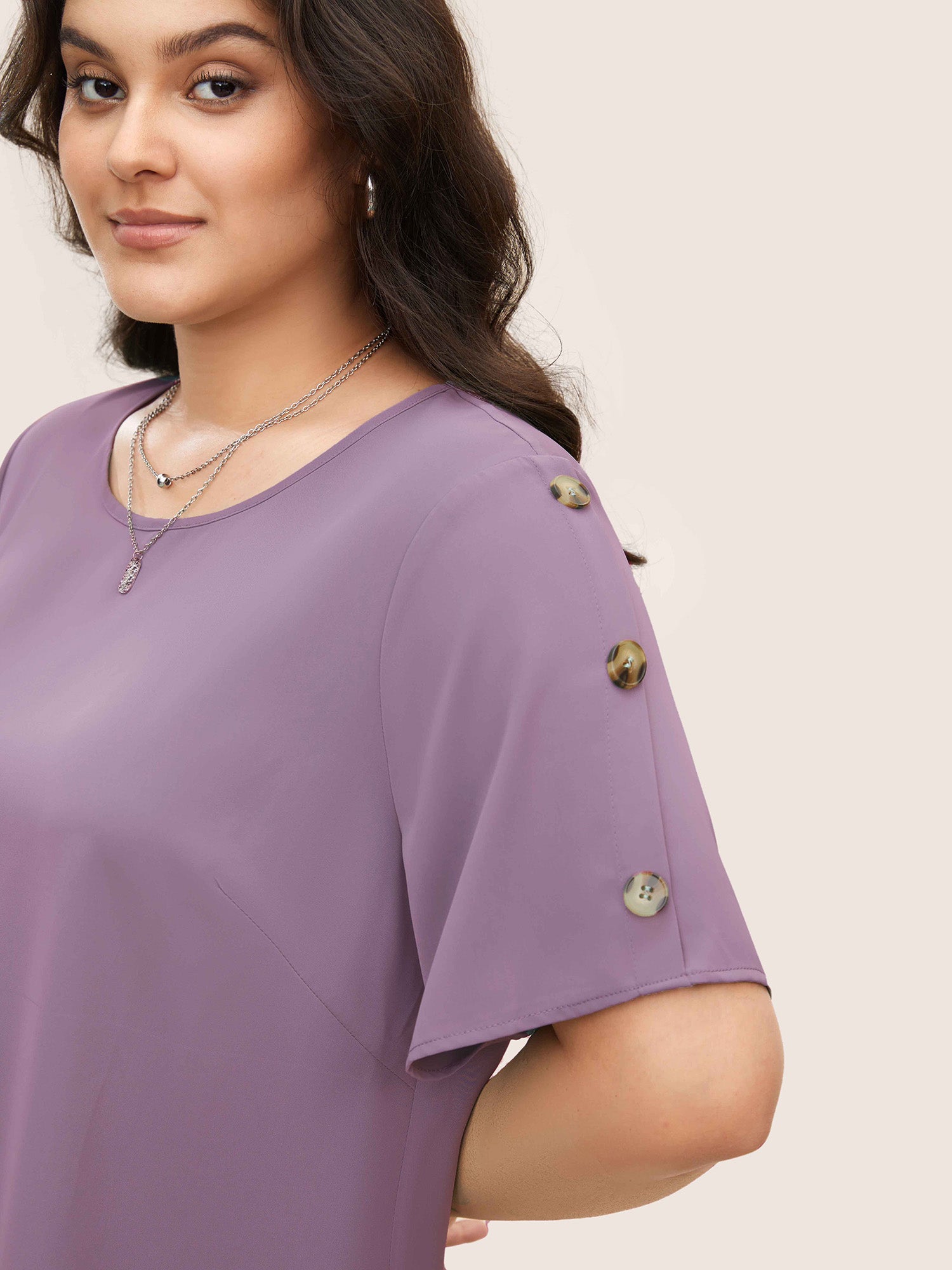 Plain Round Neck Button Detail Blouse