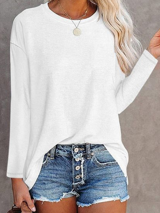 Women Plain Crew Neck Casual Long Sleeve T-shirt