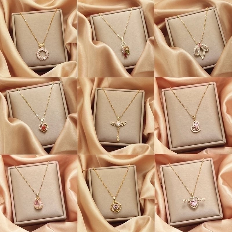2 Pieces Vintage Style Heart Shape Flower Bow Knot Titanium Steel Copper Tassel Plating Inlay Zircon Pendant Necklace