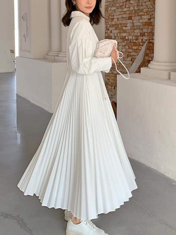 A-Line Long Sleeves Pleated Solid Color V-Neck Maxi Dresses