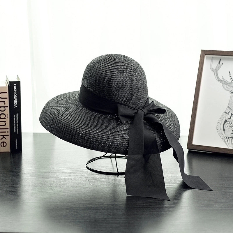 Women's Vacation Solid Color Bowknot Crimping Sun Hat
