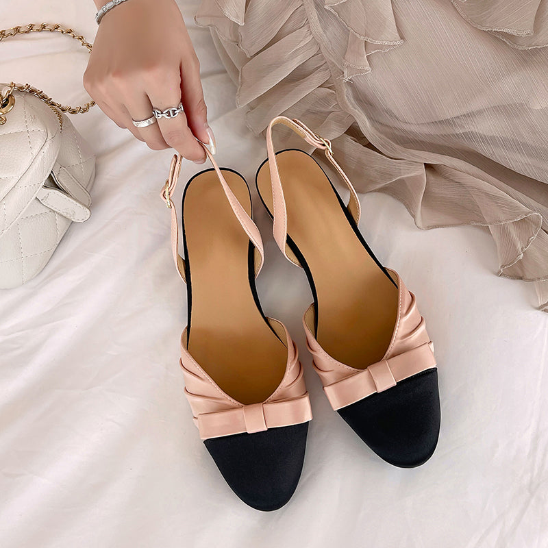 Elegant Colorblock Slingback Sandals with Bow Satin Closed-Toe Dress Shoes in Green/White/Pink