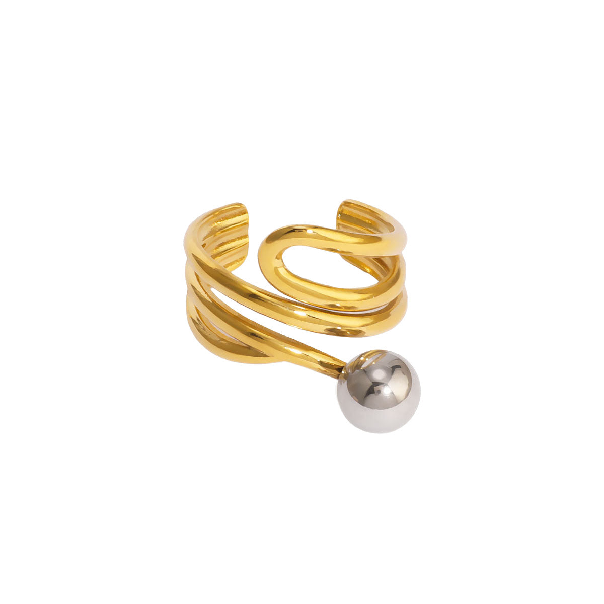 Design Sense Two-Color Hollow Lines Gold Ring Asymmetrical Staggered Exaggerated Stainless Steel Ring Women
