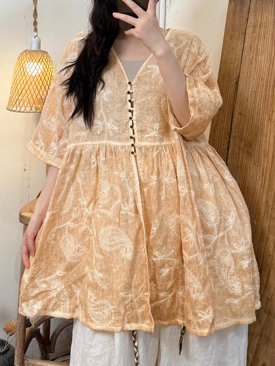Women Summer Artsy Embroidery Flower Ramie V-Neck Shirt