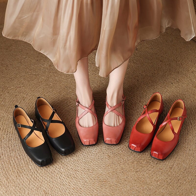 Square Toe Leather Mary Jane Ballet Flats with Cross Straps in Black/Red/Pink