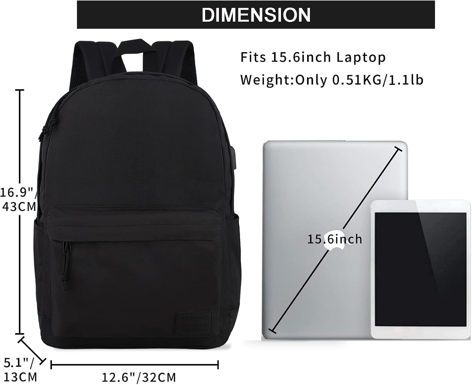 SUPACOOL Casual Laptop Backpack for Men and Women, School Backpack for Boys and Girls, College Bookbag, USB Charging Port, Lightweight Back Pack(Black)