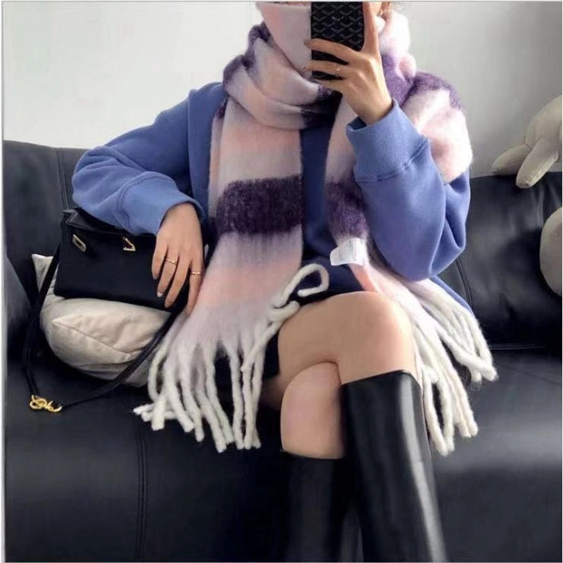 Rainbow Plaid Scarf Women's Autumn And Winter Thickened Mohair Student Couple Contrast Color Matching Thickened
