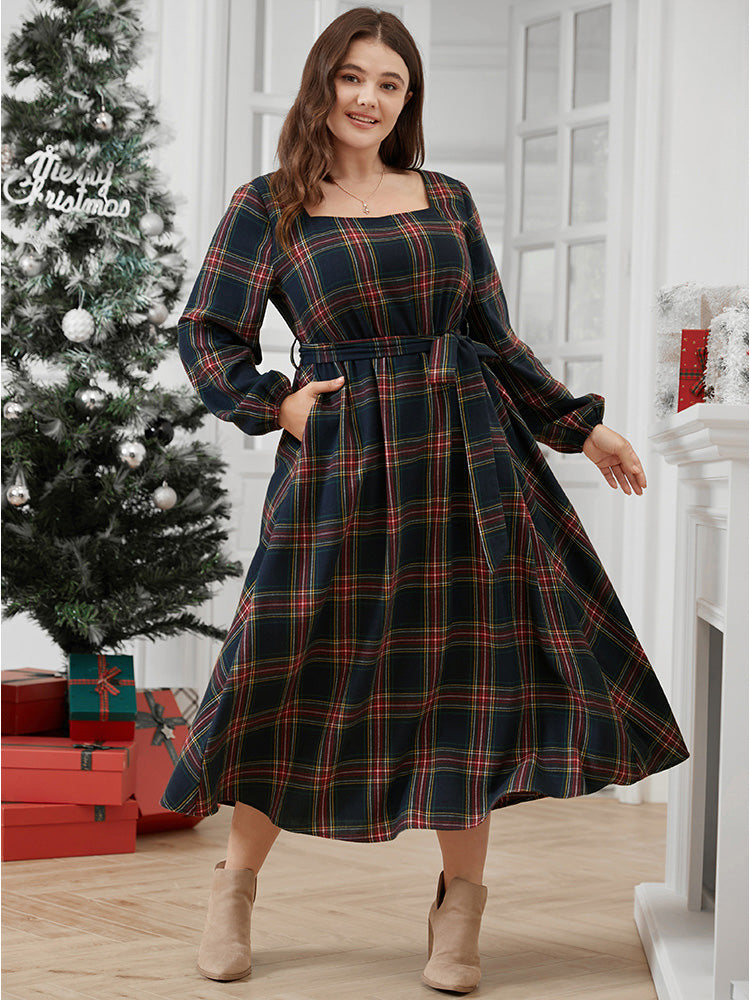 Plaid Lantern Sleeve Pocket Belted Square Neck Dress