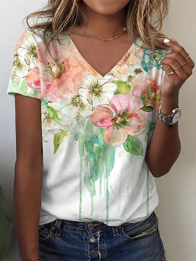 Floral V Neck Jersey Casual T-Shirt