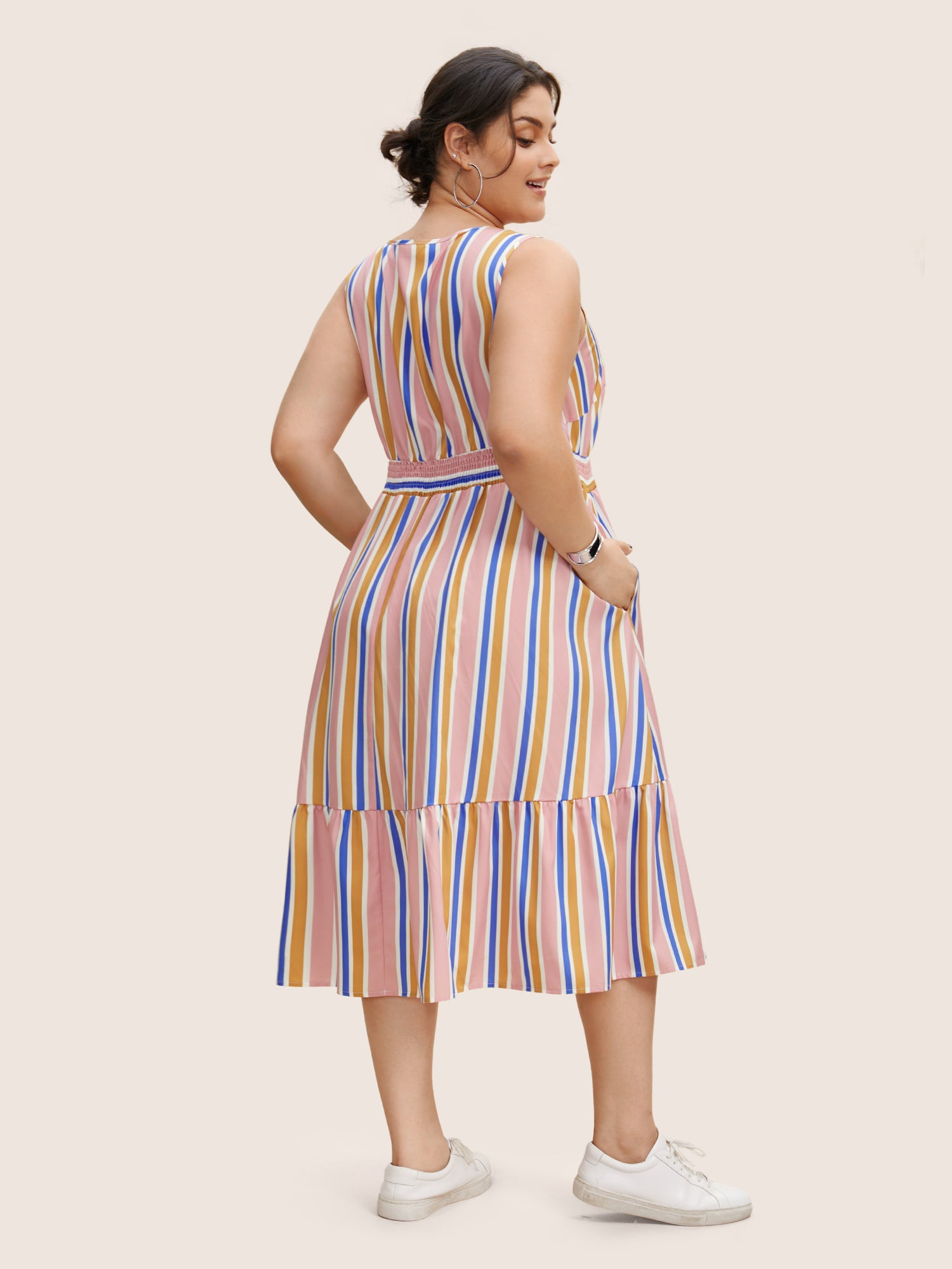 Contrast Striped Shirred Ruffle Hem Midi Dress