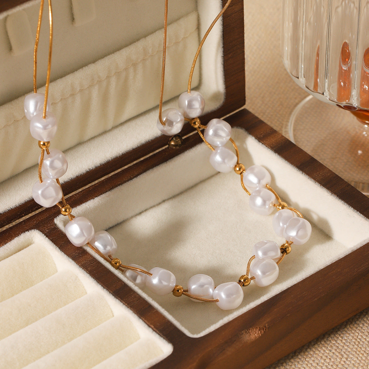 Stainless Steel Clavicle Chain Women'S Beaded Double Layer Pearl Necklace