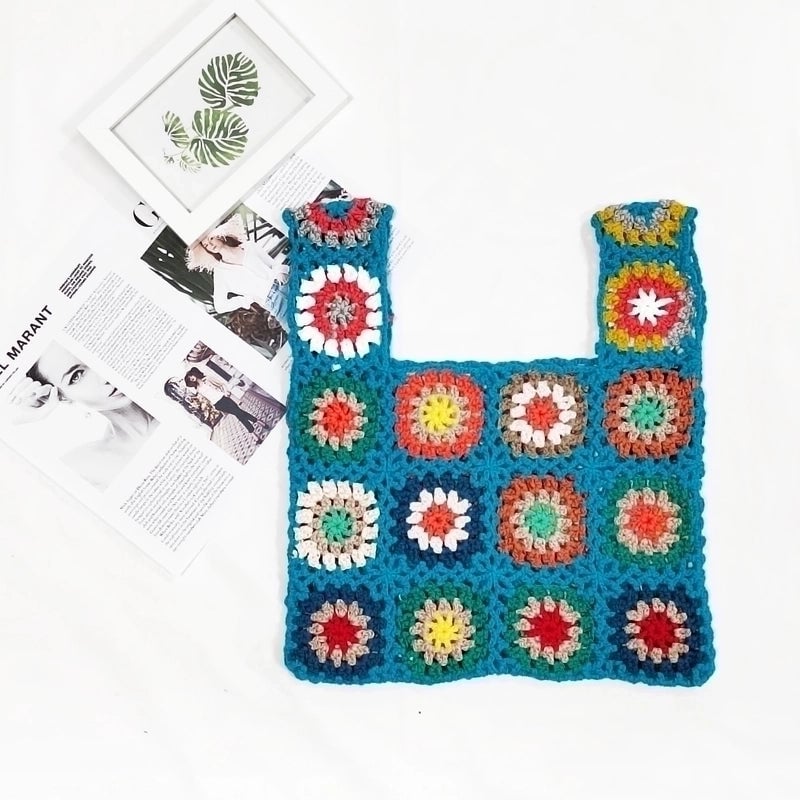 Simple Color Plaid Splicing Flower Tote Bag 33*29cm