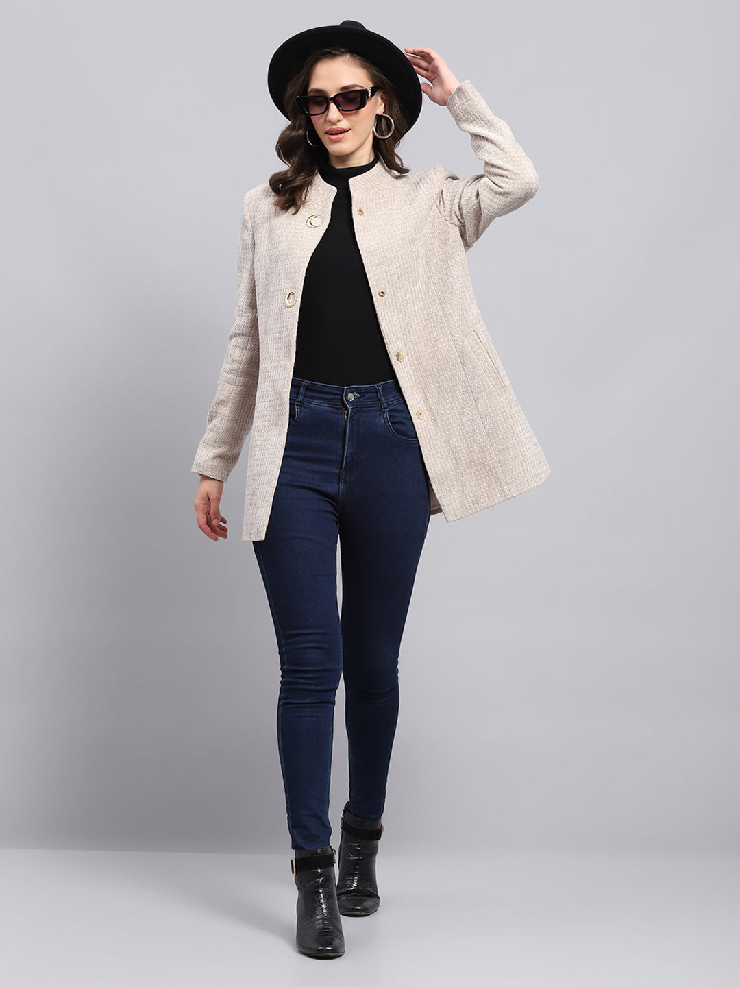 Women Beige Self Design Round Neck Full Sleeve Coat