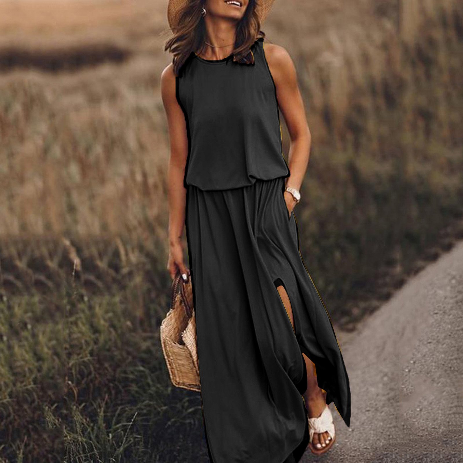 🔥Summer Hot Sales - 49% OFF👗Women Sleeveless Solid Round Neck Summer Maxi Dress