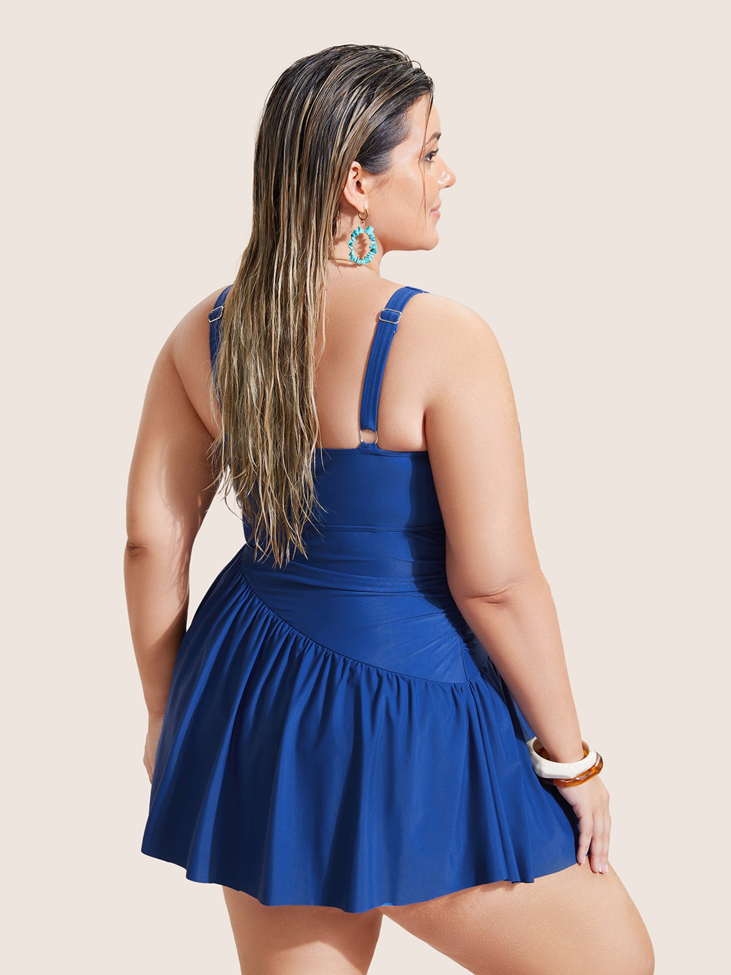 Solid Surplice Neck Gathered Swim Dress