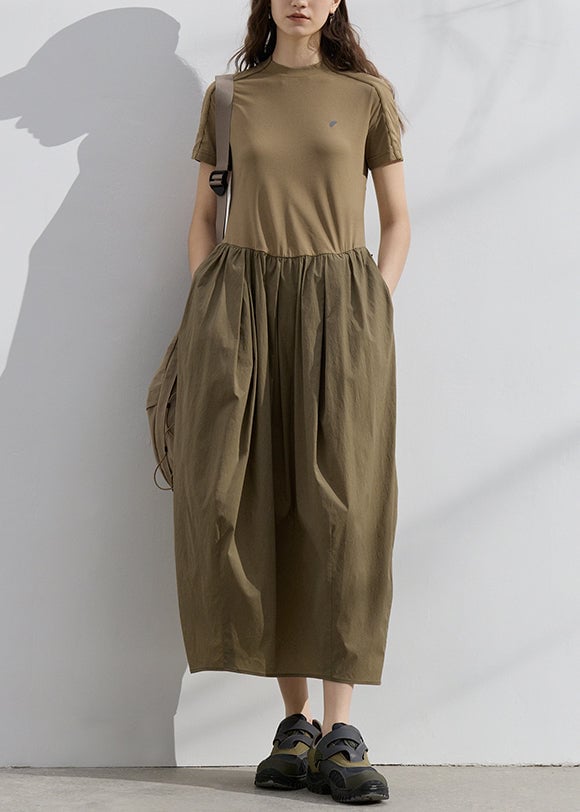New Dark Khaki Pockets Wrinkled Patchwork Cotton Dresses Summer