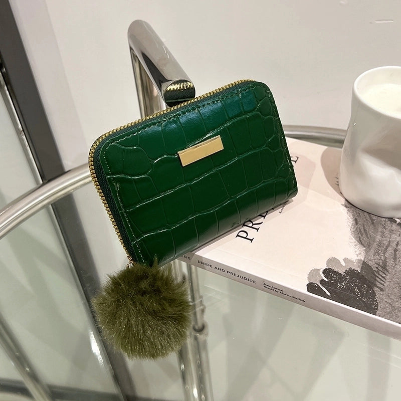 Women's Crocodile Pu Leather Fluff Ball Zipper Wallets