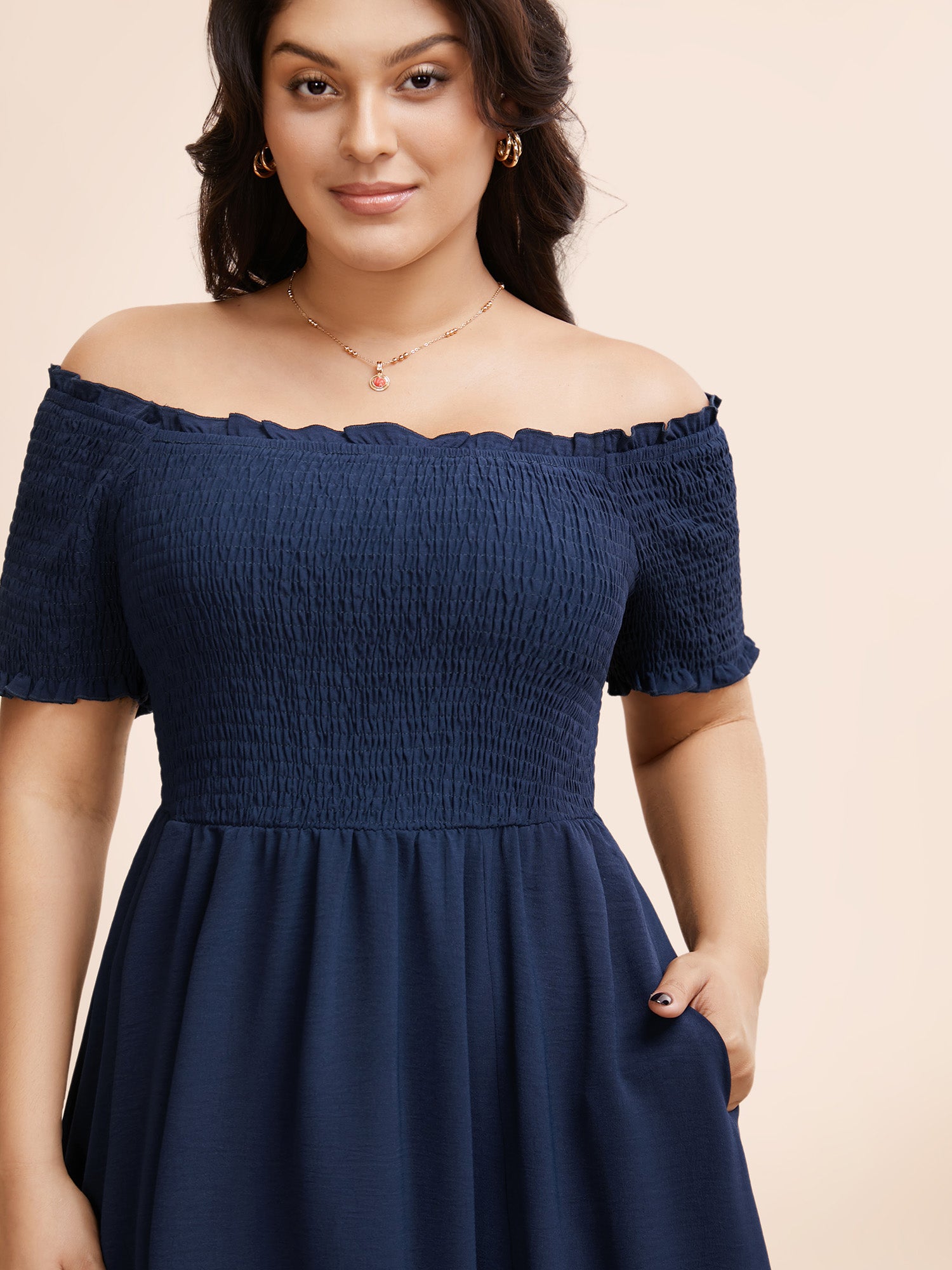 Off Shoulder Shirred Lace Patchwork Dress