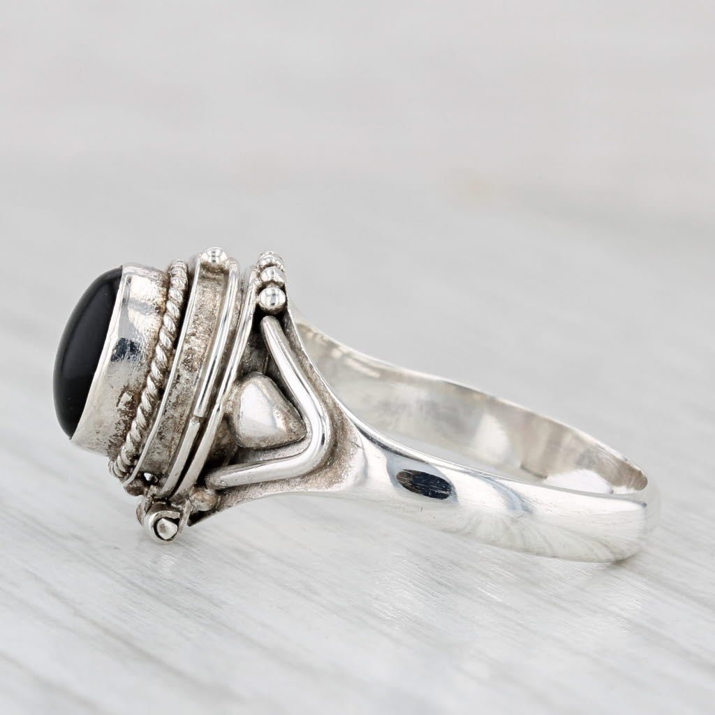 Black Glass Cabochon Snuff Ring Sterling Silver Size 7.5 Opens