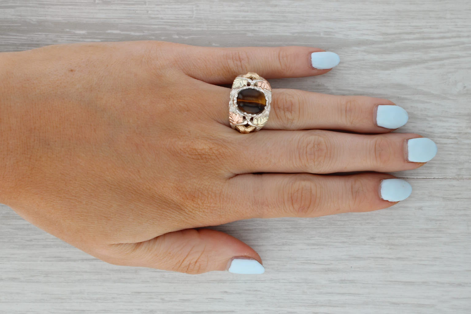 Coleman Co Black Hills Gold Tigers Eye Ram Ring Sterling Silver 12k Gold Size 8